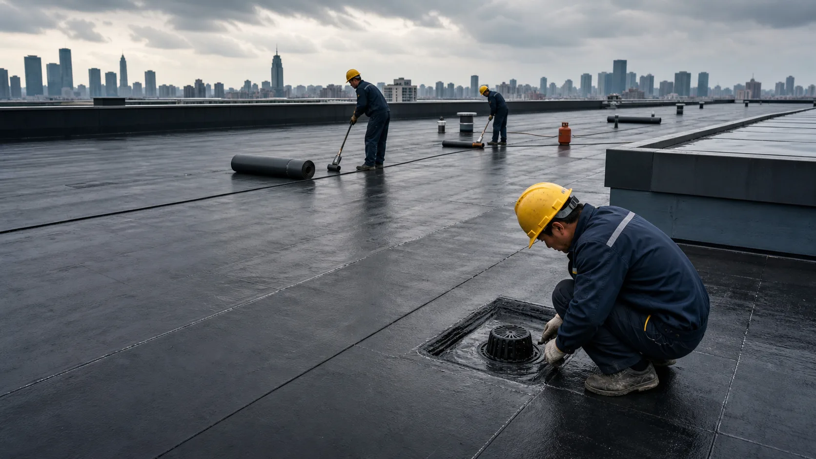 虚构防水施工团队在上海商业建筑屋面进行施工的效果示意